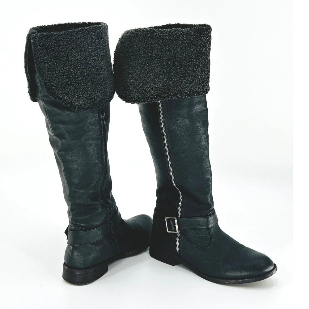 Women's Black Knee-High Winter Boots Shearling Cuff Flat Moto Utility‎ Size 9